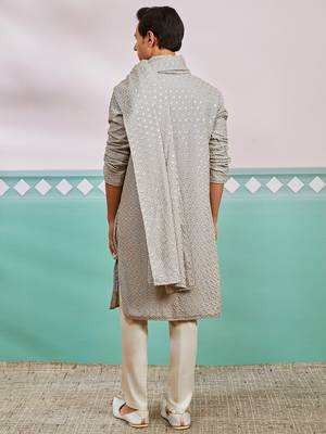 grey chikankari rayon kurta with cream pyjama & grey embroidered dupatta | complete festive set 5