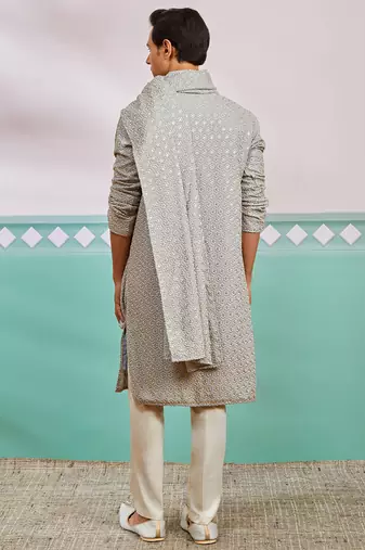 grey chikankari rayon kurta with cream pyjama & grey embroidered dupatta | complete festive set