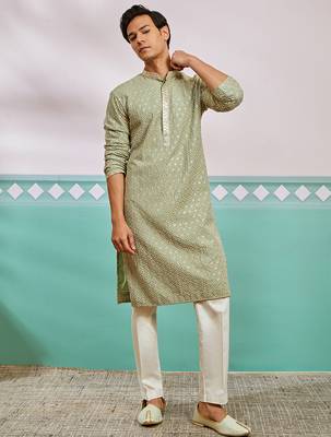pista green chikankari rayon kurta with cream fine satin pyjama | fresh festive ethnic set 1