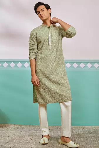 pista green chikankari rayon kurta with cream fine satin pyjama | fresh festive ethnic set