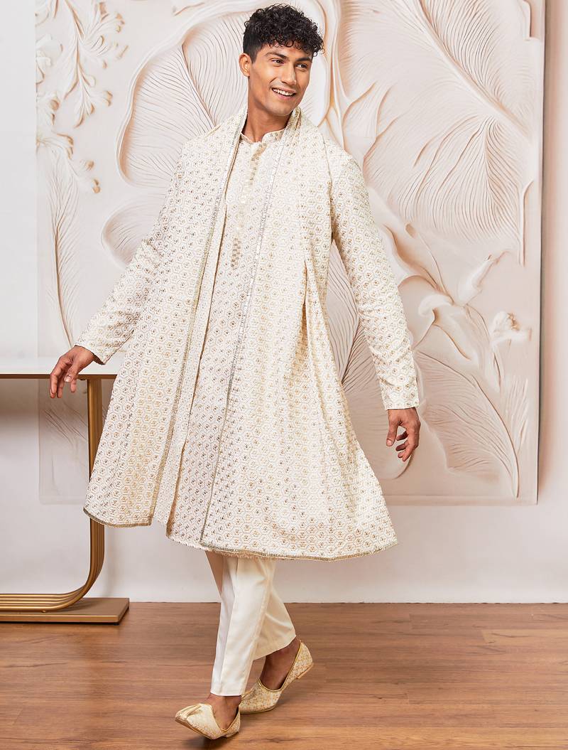off white chikankari embroidered kurta set with cream satin pyjama & embroidered dupatta | eid wedding wear