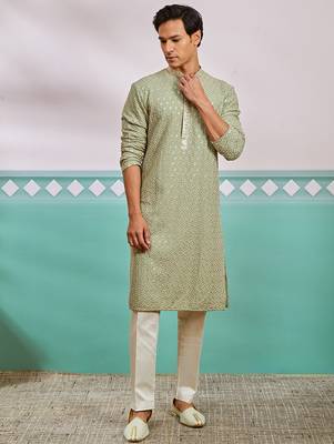 pista green chikankari rayon kurta with cream fine satin pyjama | fresh festive ethnic set 2
