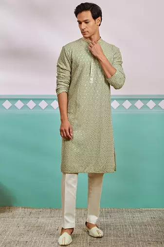 pista green chikankari rayon kurta with cream fine satin pyjama | fresh festive ethnic set