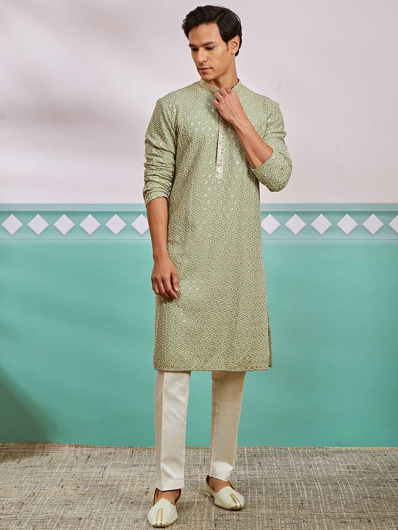 pista green chikankari rayon kurta with cream fine satin pyjama | fresh festive ethnic set