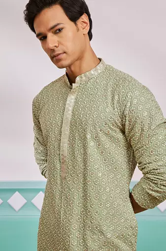 pista green chikankari rayon kurta with cream fine satin pyjama | fresh festive ethnic set