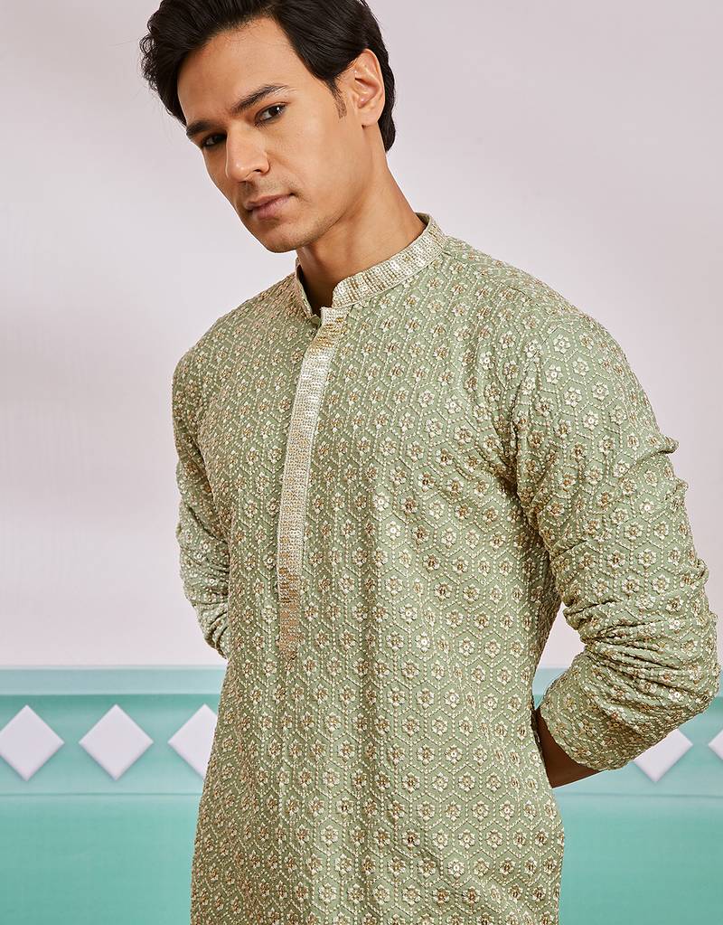 pista green chikankari rayon kurta with cream fine satin pyjama | fresh festive ethnic set