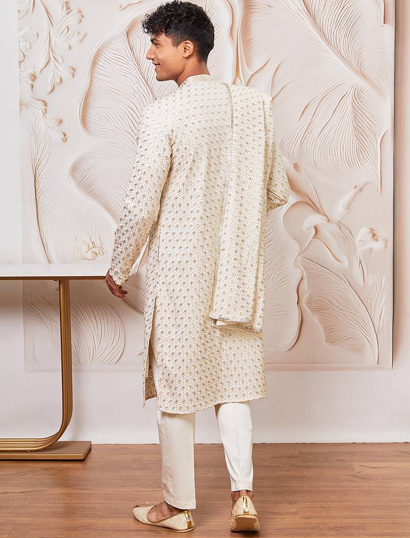 off white chikankari embroidered kurta set with cream satin pyjama & embroidered dupatta | eid wedding wear