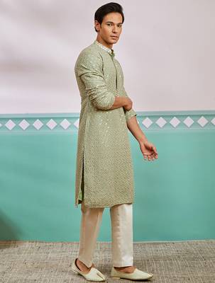 pista green chikankari rayon kurta with cream fine satin pyjama | fresh festive ethnic set 4