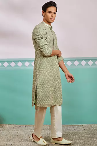 pista green chikankari rayon kurta with cream fine satin pyjama | fresh festive ethnic set