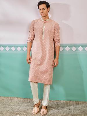 peach chikankari rayon kurta with cream fine satin pyjama | distinctive festive ethnic wear 1