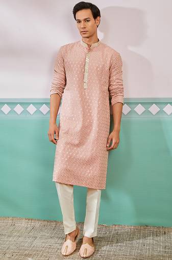 peach chikankari rayon kurta with cream fine satin pyjama | distinctive festive ethnic wear