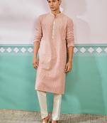 peach chikankari rayon kurta with cream fine satin pyjama | distinctive festive ethnic wear