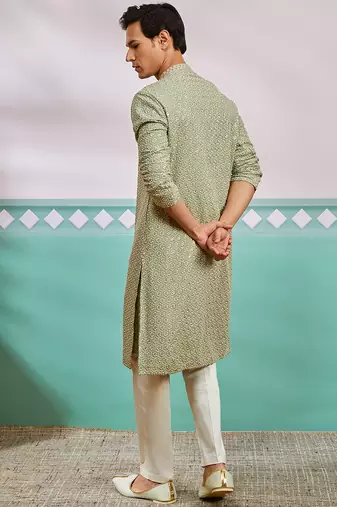 pista green chikankari rayon kurta with cream fine satin pyjama | fresh festive ethnic set