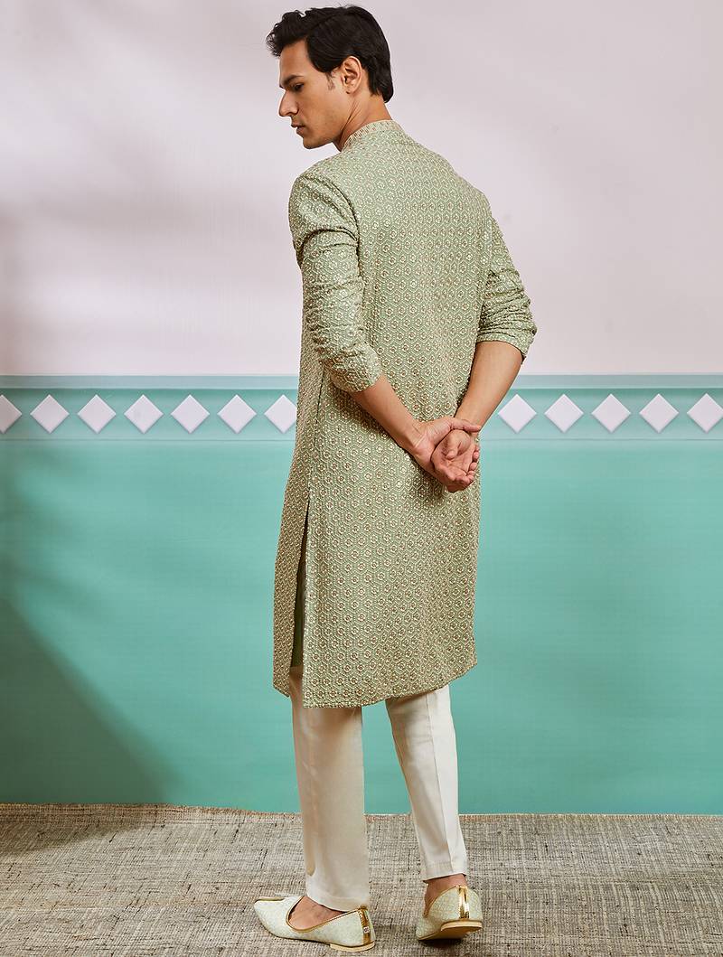 pista green chikankari rayon kurta with cream fine satin pyjama | fresh festive ethnic set