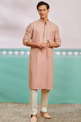 peach chikankari rayon kurta with cream fine satin pyjama | distinctive festive ethnic wear