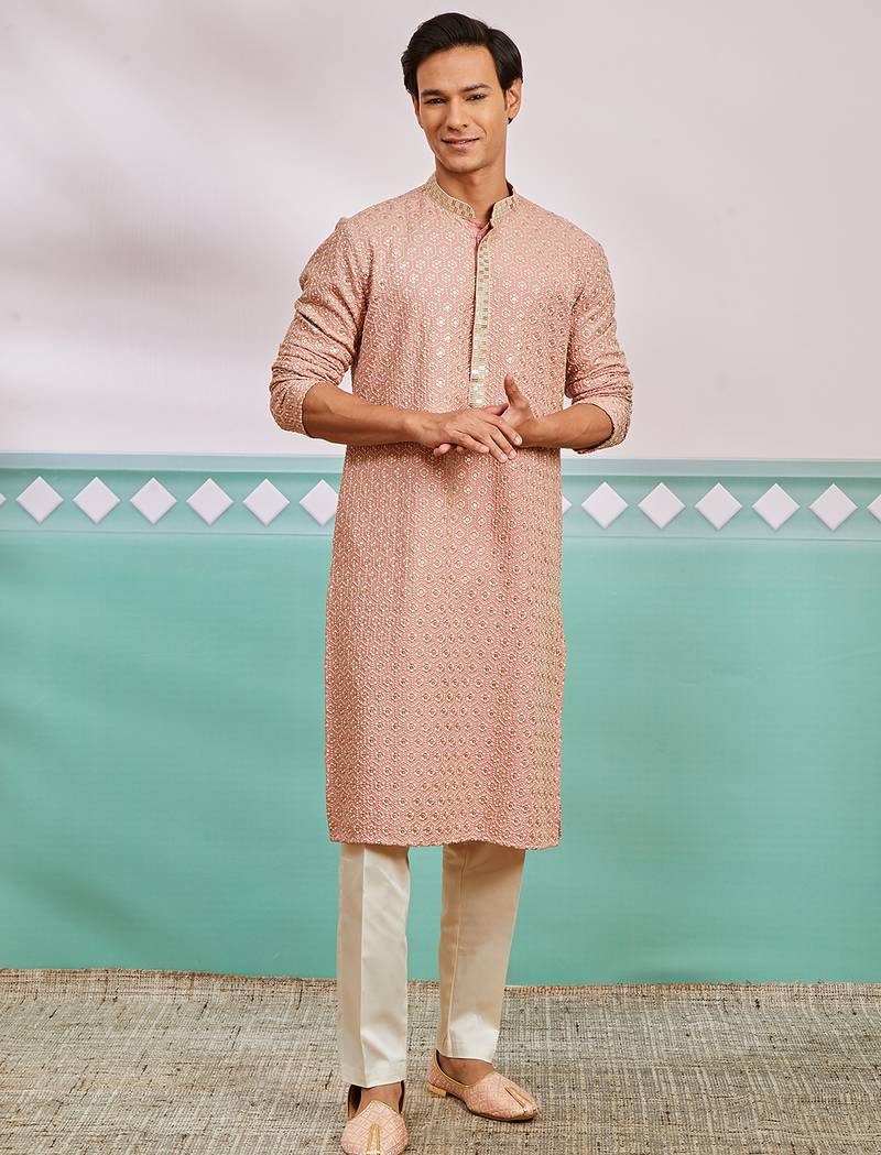 peach chikankari rayon kurta with cream fine satin pyjama | distinctive festive ethnic wear