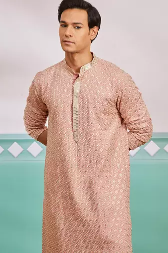 peach chikankari rayon kurta with cream fine satin pyjama | distinctive festive ethnic wear