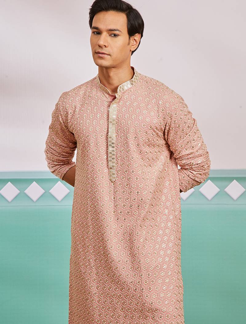 peach chikankari rayon kurta with cream fine satin pyjama | distinctive festive ethnic wear