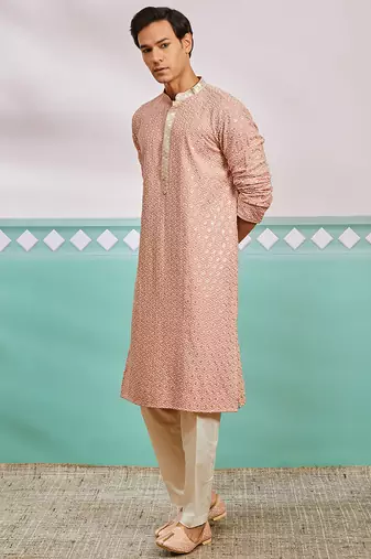 peach chikankari rayon kurta with cream fine satin pyjama | distinctive festive ethnic wear