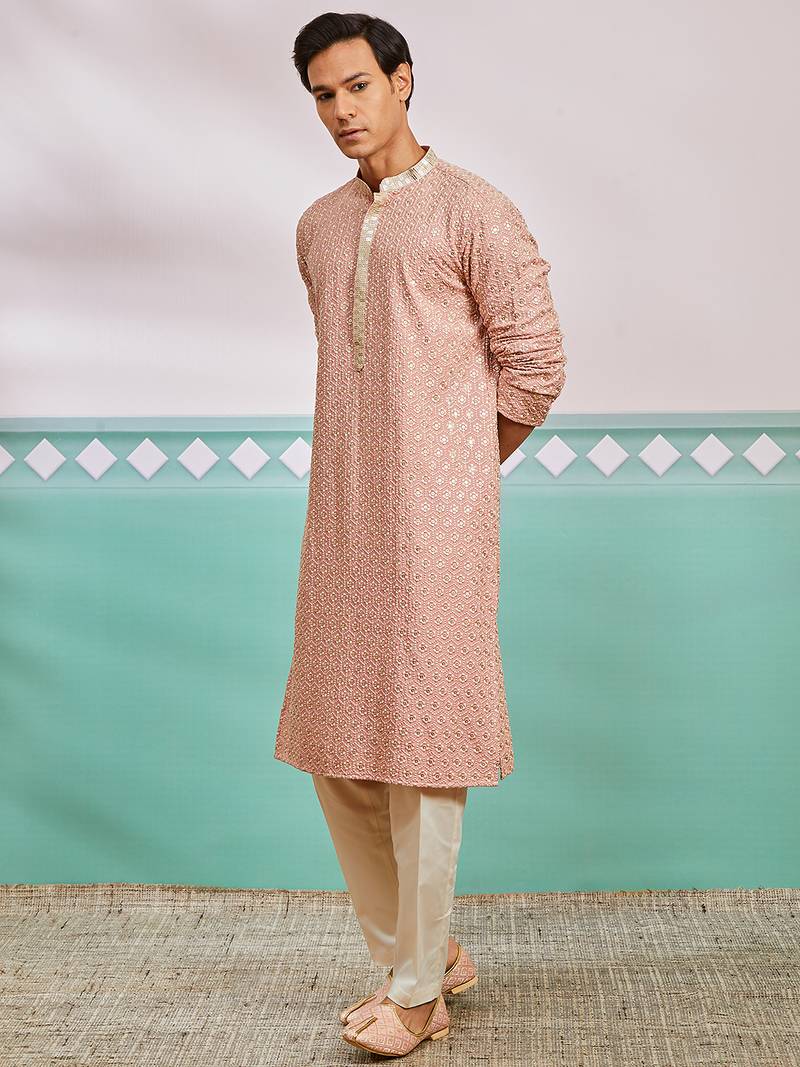 peach chikankari rayon kurta with cream fine satin pyjama | distinctive festive ethnic wear