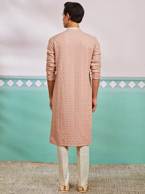 peach chikankari rayon kurta with cream fine satin pyjama | distinctive festive ethnic wear 5