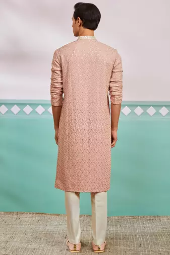peach chikankari rayon kurta with cream fine satin pyjama | distinctive festive ethnic wear