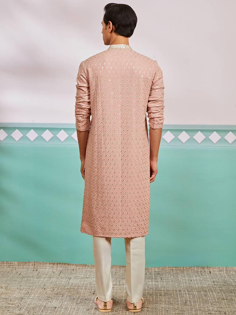 peach chikankari rayon kurta with cream fine satin pyjama | distinctive festive ethnic wear