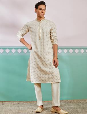 off white chikankari rayon kurta with cream fine satin pyjama | elegant festive set 1