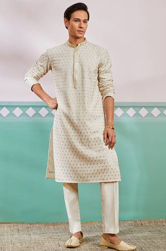off white chikankari rayon kurta with cream fine satin pyjama | elegant festive set