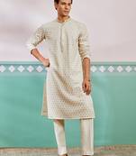 off white chikankari rayon kurta with cream fine satin pyjama | elegant festive set