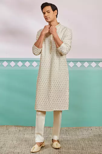 off white chikankari rayon kurta with cream fine satin pyjama | elegant festive set
