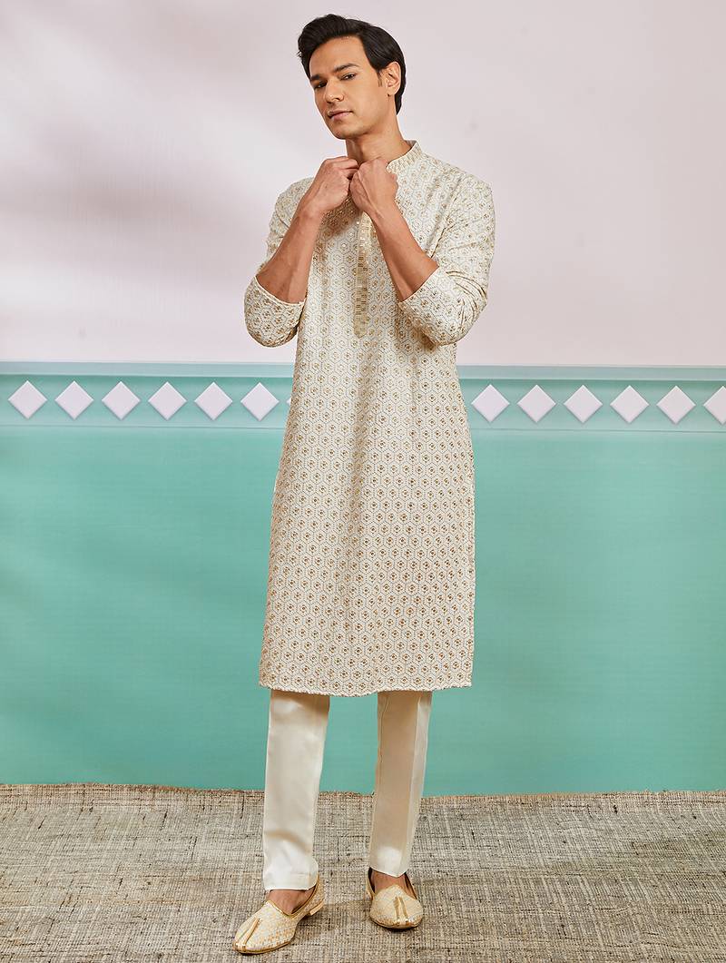 off white chikankari rayon kurta with cream fine satin pyjama | elegant festive set
