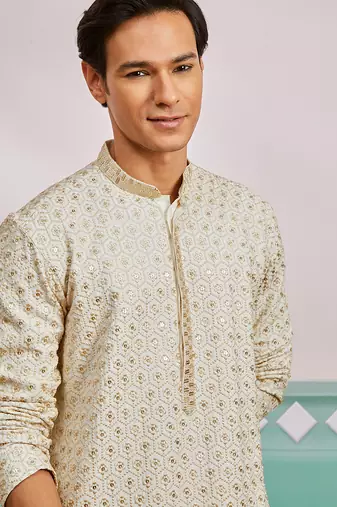 off white chikankari rayon kurta with cream fine satin pyjama | elegant festive set