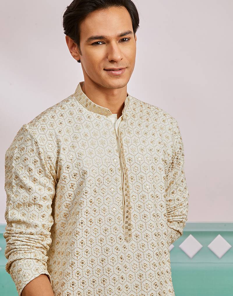 off white chikankari rayon kurta with cream fine satin pyjama | elegant festive set