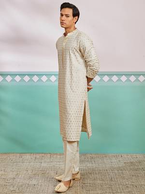 off white chikankari rayon kurta with cream fine satin pyjama | elegant festive set 4