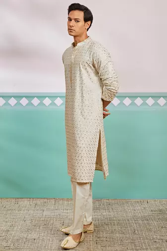 off white chikankari rayon kurta with cream fine satin pyjama | elegant festive set