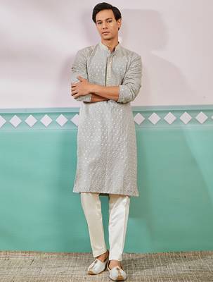 grey chikankari rayon kurta with cream fine satin pyjama | modern festive ethnic set 1