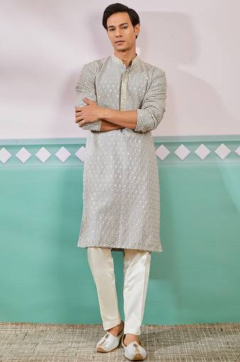 grey chikankari rayon kurta with cream fine satin pyjama | modern festive ethnic set