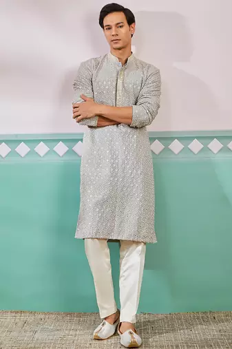 grey chikankari rayon kurta with cream fine satin pyjama | modern festive ethnic set