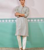 grey chikankari rayon kurta with cream fine satin pyjama | modern festive ethnic set