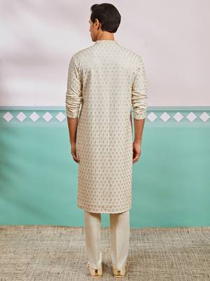 off white chikankari rayon kurta with cream fine satin pyjama | elegant festive set 5