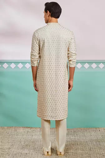 off white chikankari rayon kurta with cream fine satin pyjama | elegant festive set