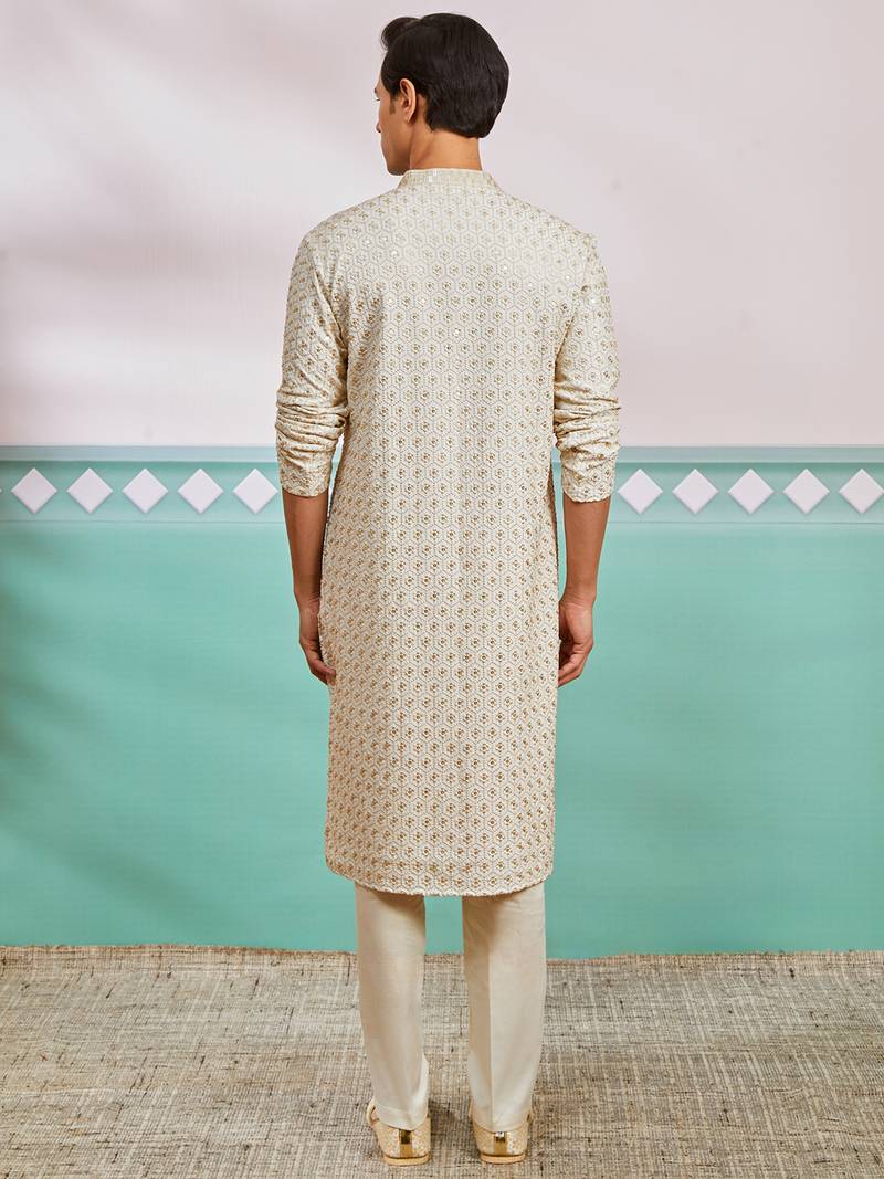 off white chikankari rayon kurta with cream fine satin pyjama | elegant festive set