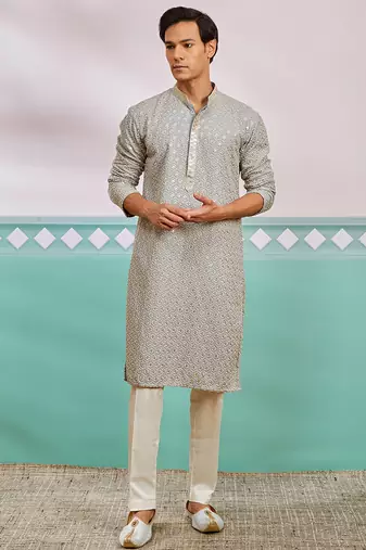 grey chikankari rayon kurta with cream fine satin pyjama | modern festive ethnic set