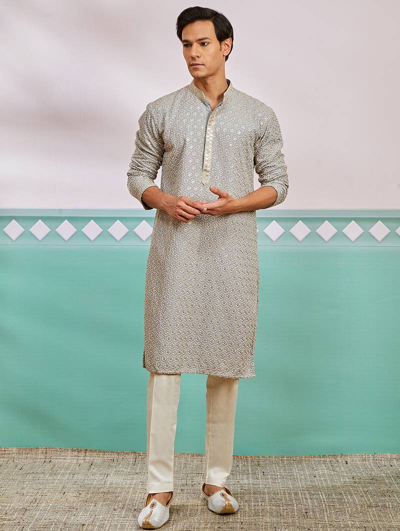 grey chikankari rayon kurta with cream fine satin pyjama | modern festive ethnic set