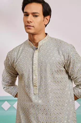 grey chikankari rayon kurta with cream fine satin pyjama | modern festive ethnic set
