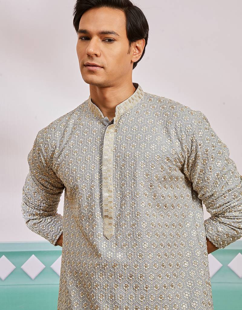grey chikankari rayon kurta with cream fine satin pyjama | modern festive ethnic set