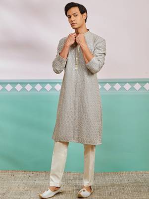 grey chikankari rayon kurta with cream fine satin pyjama | modern festive ethnic set 4