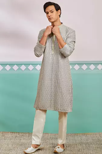 grey chikankari rayon kurta with cream fine satin pyjama | modern festive ethnic set