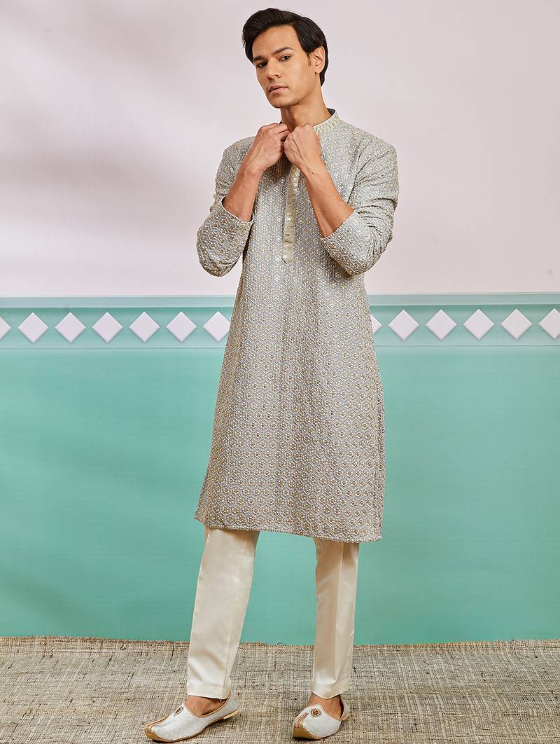grey chikankari rayon kurta with cream fine satin pyjama | modern festive ethnic set